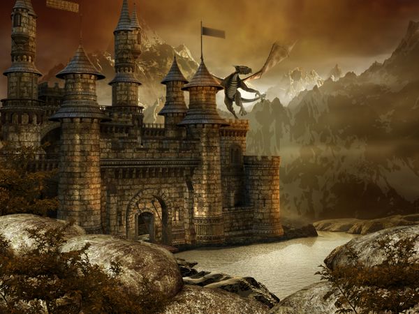 منظره فانتزی با قلعه افسانه ای و اژدها