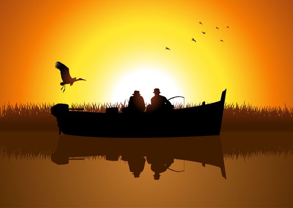 وکتور از دو مرد که در حال ماهیگیری در دریاچه هستند