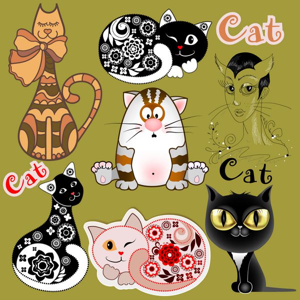 مجموعه ای از گربه های بامزه در نسخه های مختلف طراحی ایده برای طراحی اتاق کودک کارت تبریک دعوت نامه قاب عکس هر شی در یک لایه جداگانه