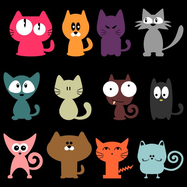 مجموعه ای از گربه های مختلف رنگارنگ خنده دار