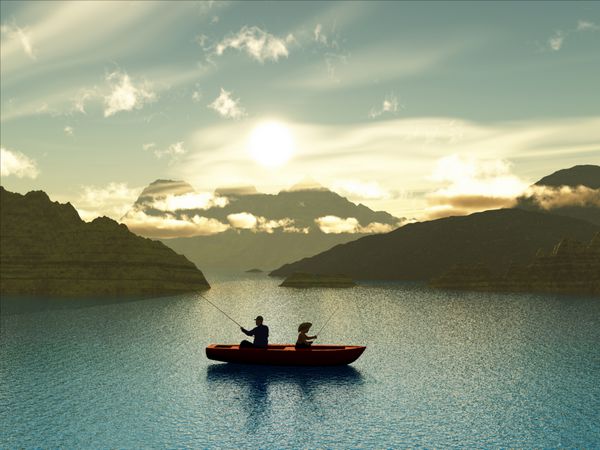 مرد و پسر در حال ماهیگیری در قایق