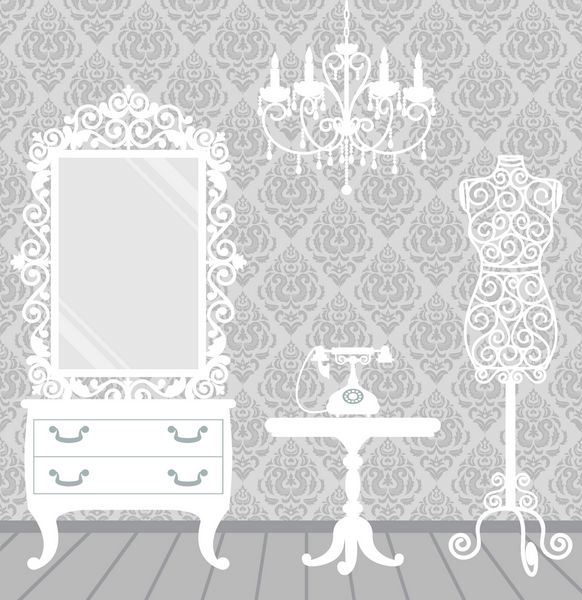 اتاق زنانه به سبک وینتیج بودوار با مانکن لوستر آینه میز و تلفن