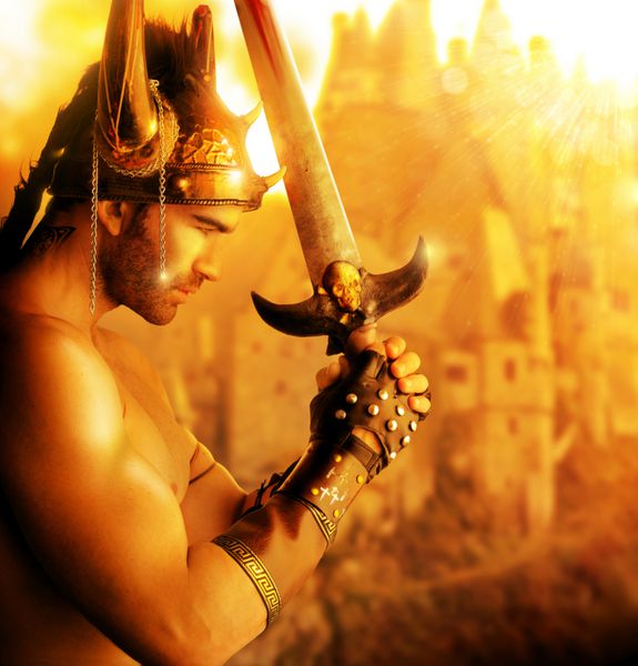 پرتره یک جنگجوی جوان زیبا که شمشیر را در نور طلایی نگه داشته است