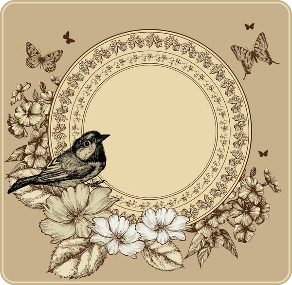 قاب کلاسیک با پرنده و رزهای شکوفه فلوکس وکتور