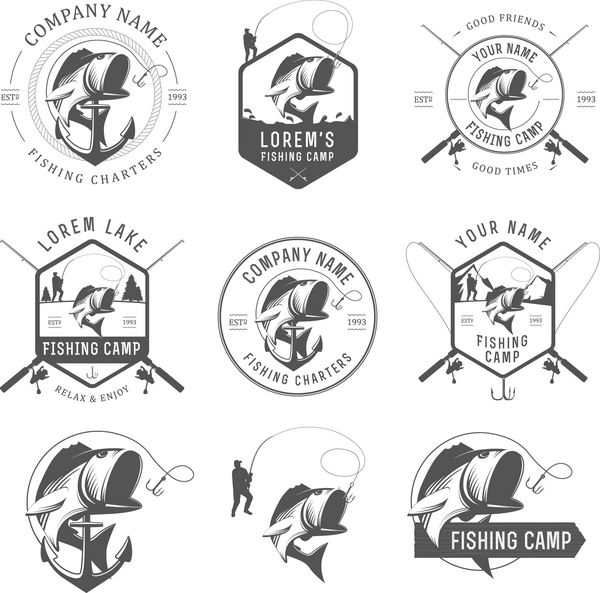 مجموعه ای از برچسب های ماهیگیری قدیمی نشان ها و عناصر طراحی