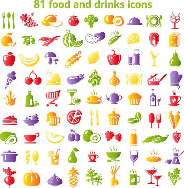 مجموعه ای از نمادهای رنگی غذا و نوشیدنی وکتور