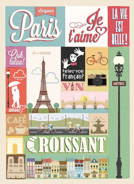 پوستر چاپی سبک رترو با نمادها و مکان های دیدنی پاریس