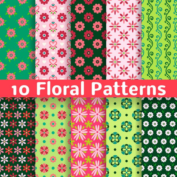 10 الگوی بدون درز وکتور گل های مختلف کاشی کاری بافت رنگارنگ رمانتیک را می توان برای چاپ روی پارچه و کاغذ یا رزرو ضایعات استفاده کرد رنگ های صورتی روشن سفید و سبز