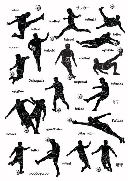 وکتور تصویر سیاه و سفید بازیکنان فوتبال در اکشن و کلمه فوتبال به زبان های مختلف