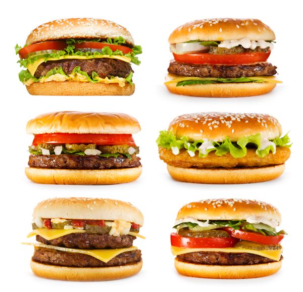 مجموعه ای از همبرگرهای مختلف جدا شده در پس زمینه سفید