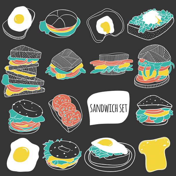 ست ساندویچ کارتونی وکتور غذا برای وسایل آشپزخانه و کافه