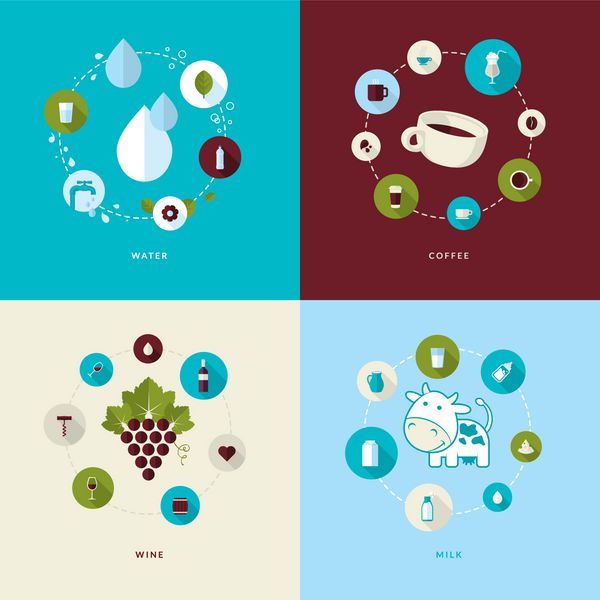 مجموعه ای از نمادهای مفهومی طراحی تخت برای آب قهوه شراب و شیر نمادهایی برای تولید کنندگان رستوران ها فروشگاه ها تجارت الکترونیک تبلیغات خدمات وب و برنامه ها و مواد چاپی
