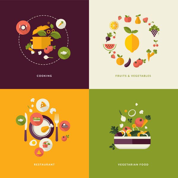 مجموعه ای از نمادهای مفهومی طراحی مسطح برای غذا و رستوران نمادهایی برای پخت و پز میوه ها و سبزیجات رستوران و غذای گیاهی