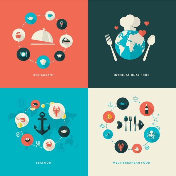 مجموعه ای از نمادهای مفهومی طراحی مسطح برای رستوران نمادهای رستوران غذاهای بین المللی غذاهای دریایی غذاهای مدیترانه ای