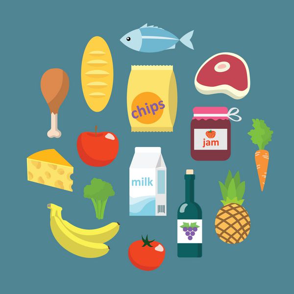 مفهوم تخت مواد غذایی سوپرمارکت آنلاین از عناصر طراحی خواربار فروشی یا قصابی با وکتور وکتور میوه و سبزیجات ماهی گوشتی