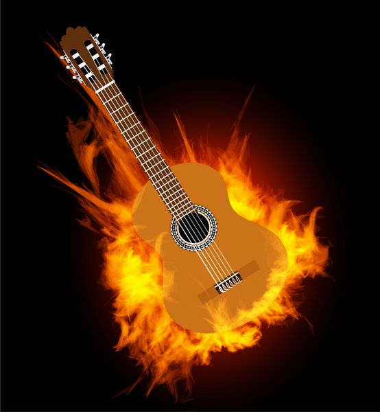 گیتار آکوستیک در شعله آتش وکتور روی مشکی