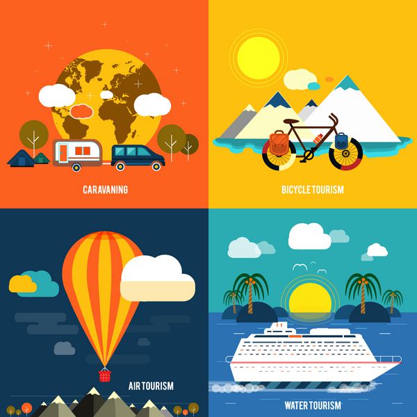 مجموعه آیکون های سفر برنامه ریزی برای تعطیلات تابستانی اشیاء گردشگری و سفر و چمدان مسافر در طراحی تخت انواع مختلف سفر