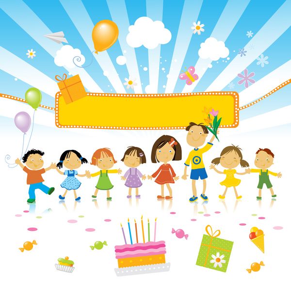گروهی از بچه ها که جشن می گیرند کیک تولد و بنر جشن