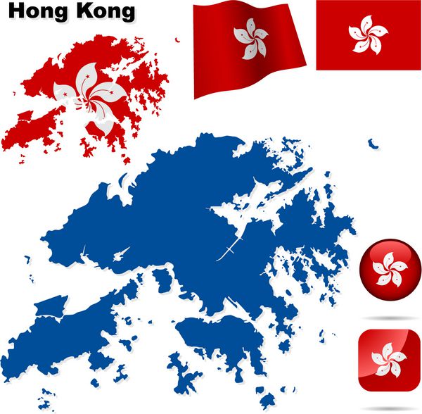 مجموعه وکتور هنگ کنگ شکل منطقه دقیق پرچم ها و نمادهای جدا شده در پس زمینه سفید