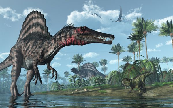 صحنه‌ای از دوران ماقبل تاریخ استوایی با چندین دایناسور از جمله دو اسپینوساروس یک پسیتاکوزاروس و دو دوریگناتوس در حال پرواز رندر سه بعدی