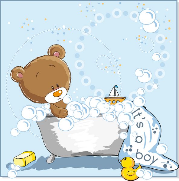 این یک پسر است - کارت اطلاعیه - خرس کوچولو در حال حمام کردن