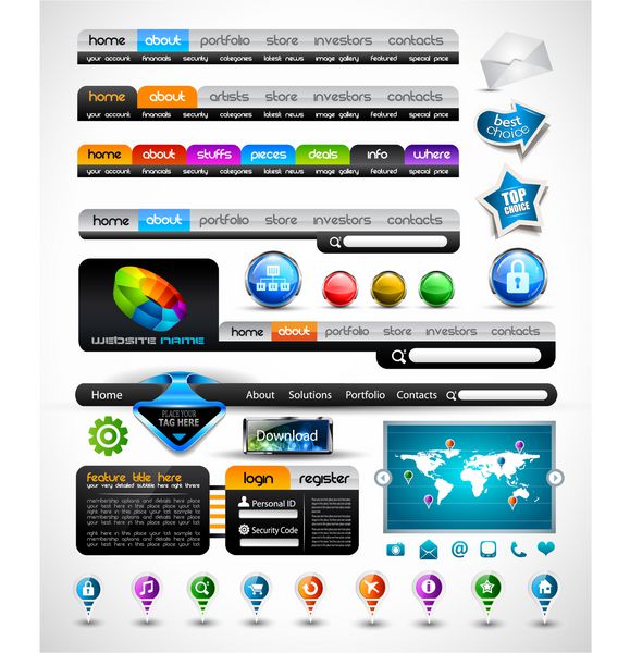 مجموعه ممتاز از هدرهای وب سبک مدرن فرم ها نمادها نقشه جهان عناصر و دکمه های طراحی براق