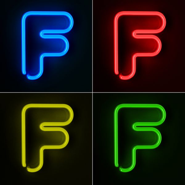تابلو نئون با جزئیات بسیار بالا با حرف F در چهار رنگ