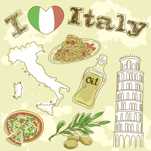 کارت گرانج سفر ایتالیا با غذاهای ملی ایتالیایی مناظر نقشه و پرچم