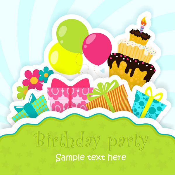 کارت تبریک تولد با کیک هدیه بادکنک و گل شبیه کارت کاغذی