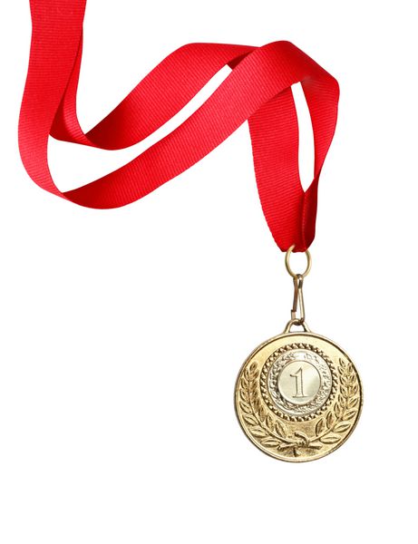 مدال طلا با روبان قرمز در زمینه سفید مسیر برش گنجانده شده است