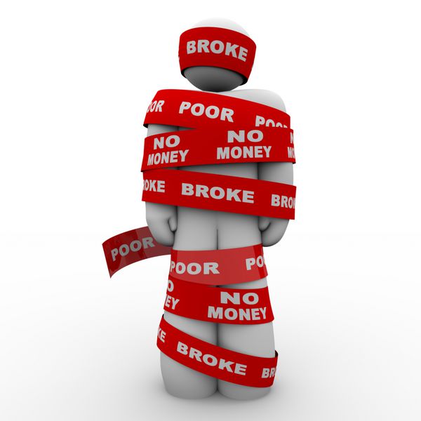 فردی در نواری پیچیده شده است که با عبارت Broke Poor و No Money مشخص شده است که نمادی از تنگنای مالی یک نیازمند به دلیل مشکلات مالی یا بودجه ورشکستگی یا سایر مشکلات نقدی است