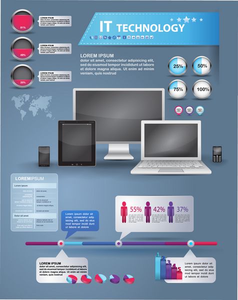 مجموعه اینفوگرافیک های مدرن و آیکون های فناوری IT نقشه جهان و گرافیک اطلاعات