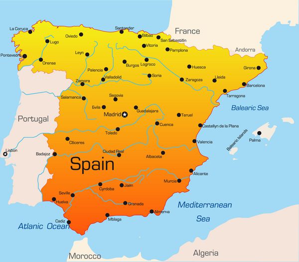 نقشه رنگی وکتور انتزاعی کشور اسپانیا