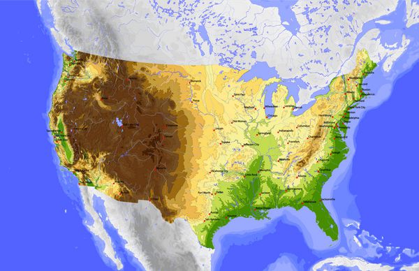 ایالات متحده آمریکا نقشه وکتور از ایالات متحده همسایه رنگی برای ارتفاع با پایتخت ایالت ها و شهرهای بزرگتر از 600000 قلمرو اطراف خاکستری شده است 36 لایه کاملا قابل ویرایش منبع داده ناسا
