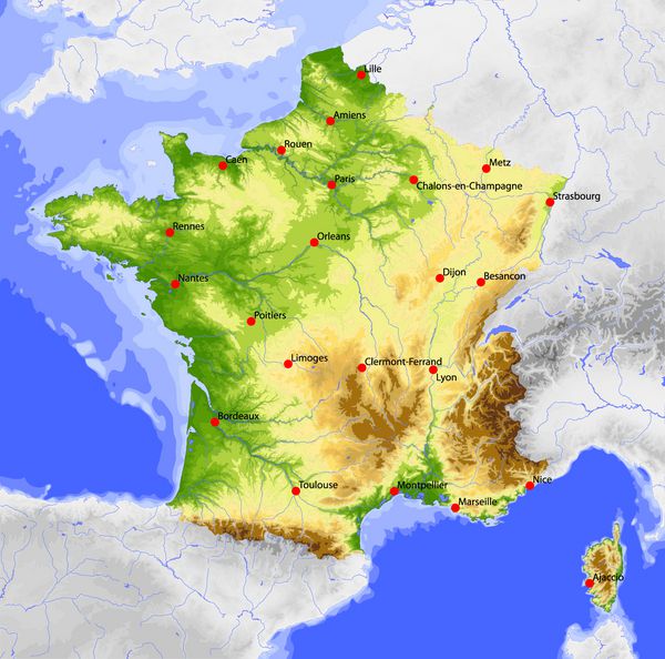 فرانسه نقشه وکتور فیزیکی رنگی بر اساس ارتفاع با رودخانه ها اعماق اقیانوس ها و شهرهای انتخاب شده قلمرو اطراف خاکستری شده است 41 لایه کاملا قابل ویرایش منبع داده ناسا