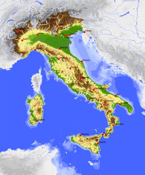 ایتالیا نقشه وکتور فیزیکی رنگی بر اساس ارتفاع با رودخانه ها اعماق اقیانوس ها و شهرهای انتخاب شده قلمرو اطراف خاکستری شده است 39 لایه کاملا قابل ویرایش منبع داده ناسا