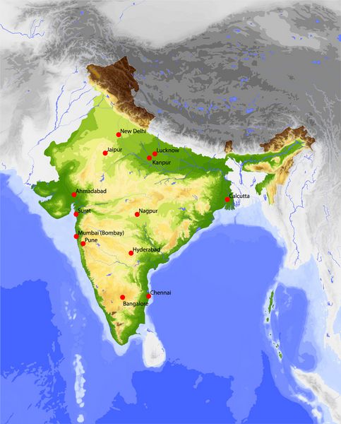 هند نقشه وکتور فیزیکی رنگی بر اساس ارتفاع با رودخانه ها اعماق اقیانوس ها و شهرهای انتخاب شده قلمرو اطراف خاکستری شده است 65 لایه کاملا قابل ویرایش منبع داده ناسا