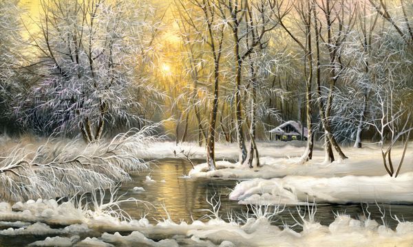 منظره زمستانی با رودخانه چوبی