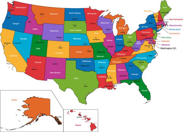 نقشه رنگارنگ ایالات متحده با ایالت ها و شهرهای پایتخت