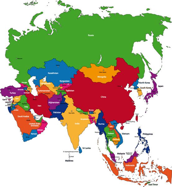 نقشه رنگارنگ آسیا با کشورها و شهرهای پایتخت