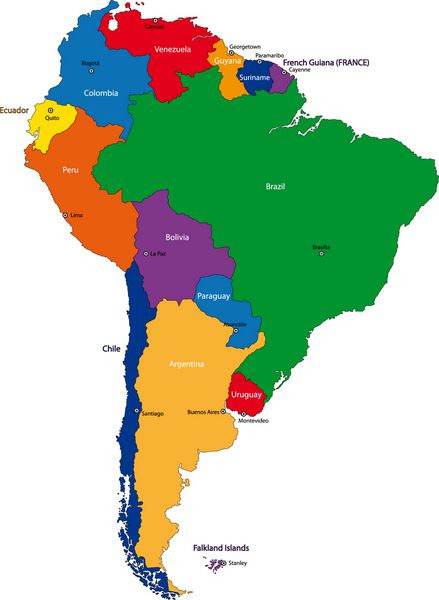 نقشه رنگارنگ آمریکای جنوبی با کشورها و شهرهای پایتخت