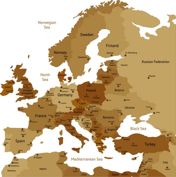 نقشه اروپا از رنگ قهوه ای قهوه ای نام ها علائم شهر و مرزهای ملی در لایه های جداگانه قرار دارند وکتور