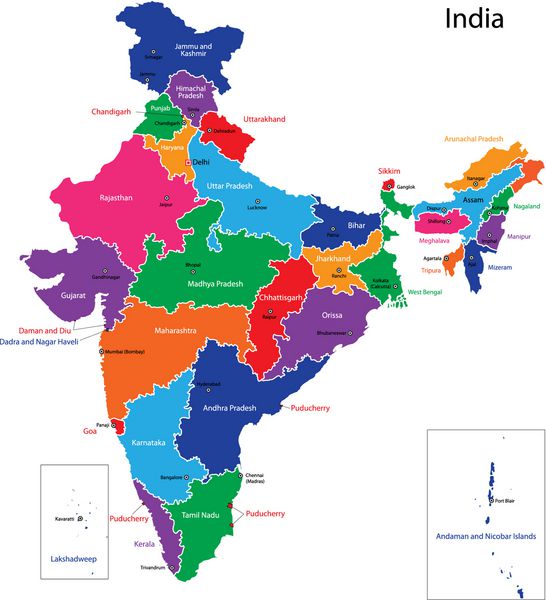 نقشه جمهوری هند با ایالت های رنگارنگ با رنگ های روشن