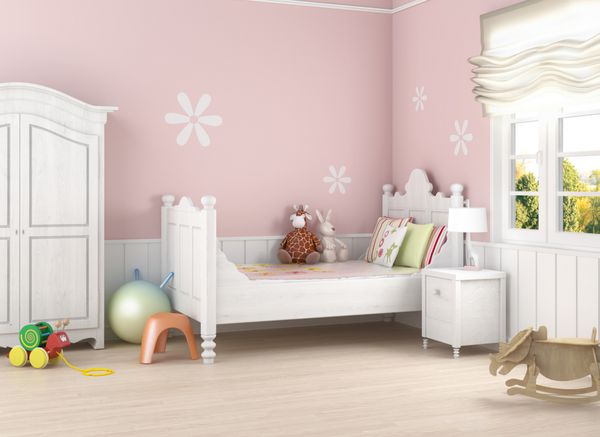 اتاق دخترانه در دیوارهای صورتی با تخت و اسباب بازی روی زمین