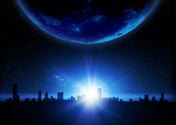 خط آسمان و سیاره با طلوع خورشید در فضا