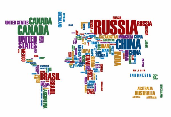 نقشه جهان کشورها در wordcloud رنگی