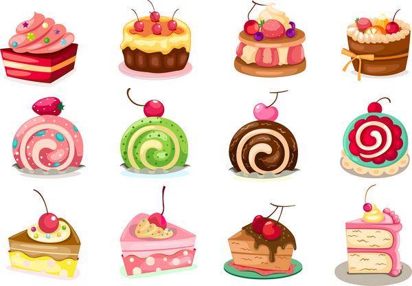 تصویر مجموعه ای جدا شده از تکه های کیک روی سفید