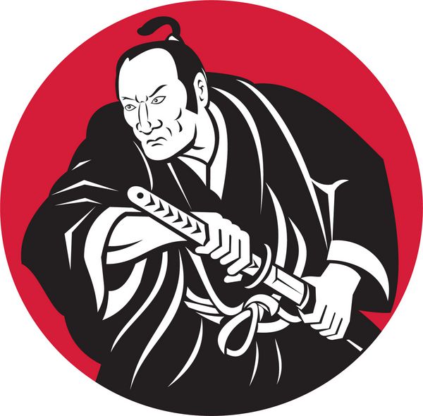 تصویر یک جنگجوی سامورایی ژاپنی که در حال کشیدن شمشیر در داخل دایره است که به سبک رترو انجام شده است