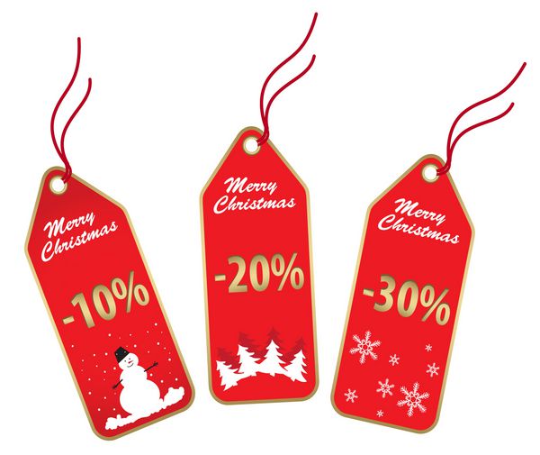 برچسب های جدید فروش طلایی و قرمز کریسمس جدا شده روی سفید
