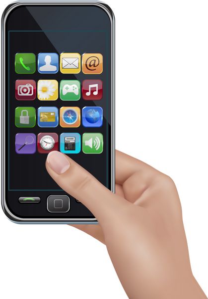 یک دست تلفن همراه با صفحه نمایش لمسی با نمادها بردار